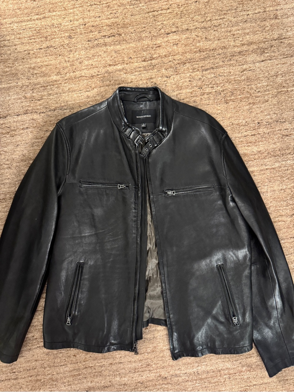 Banana Republic 100% genuine Black Leather Jacket with Buckle Collar